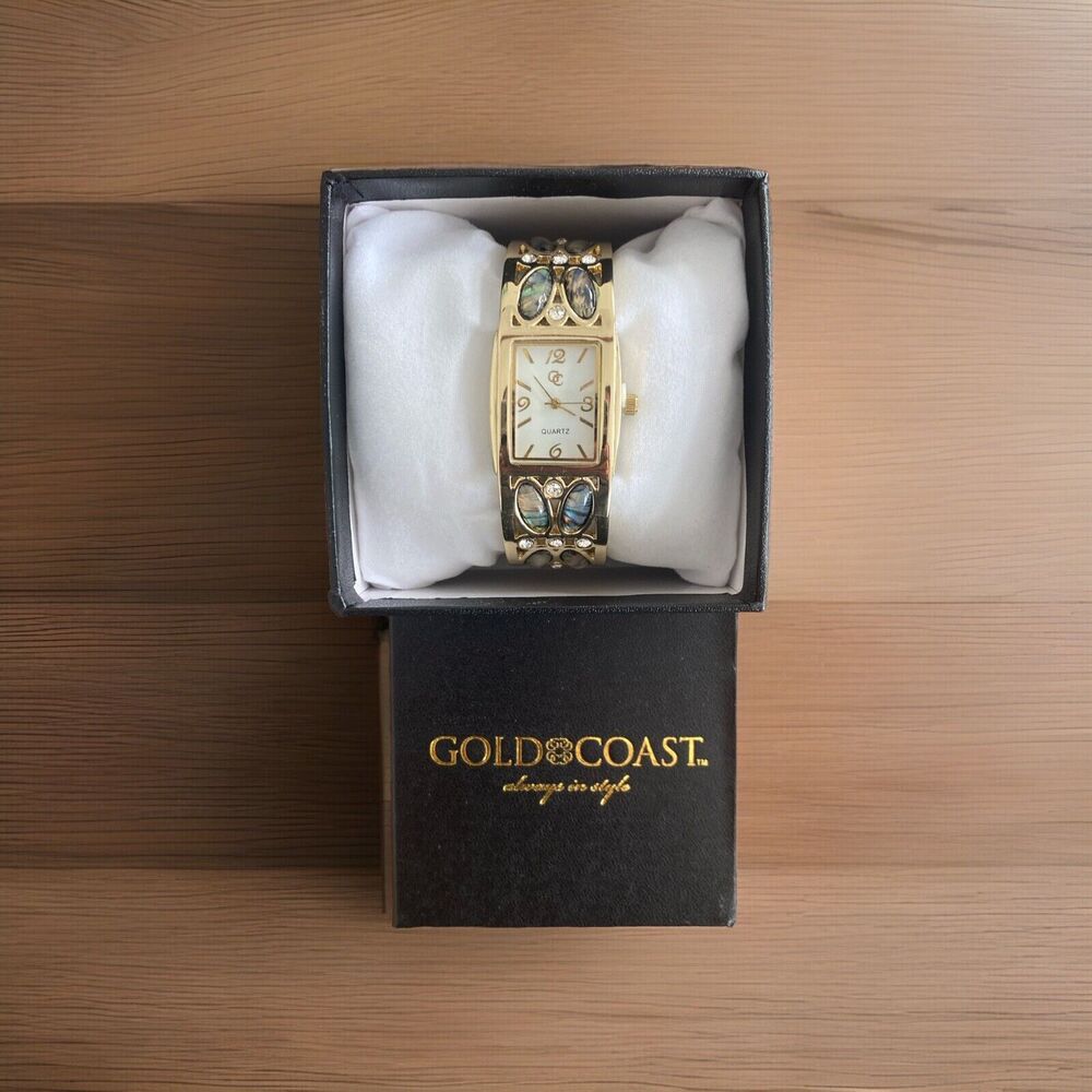 Gold Coast Womens Abalone Watch Goldtone Snap Bracelet Quartz Wristwatch New